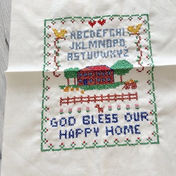 Vtg COUNTED CROSS STITCH Hand Made GOD BLESS OUR HAPPY HOME Finished 18” X 15” - Picture 4 of 6